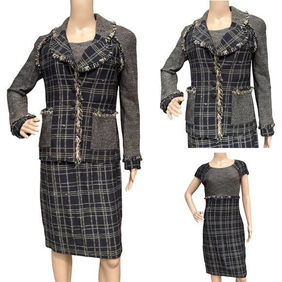 St. John Collection Multi Plaid Tweed Dress Set Size 4 Fringe Jacket & Dress
